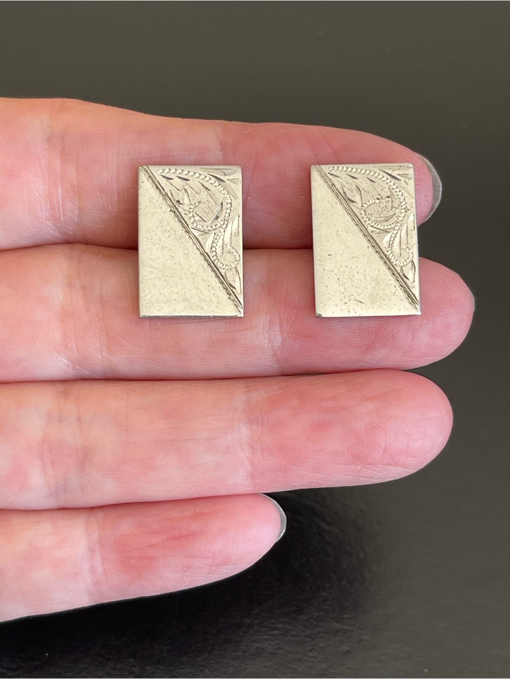 Vintage silver tone Rectangular Engraved cuff links